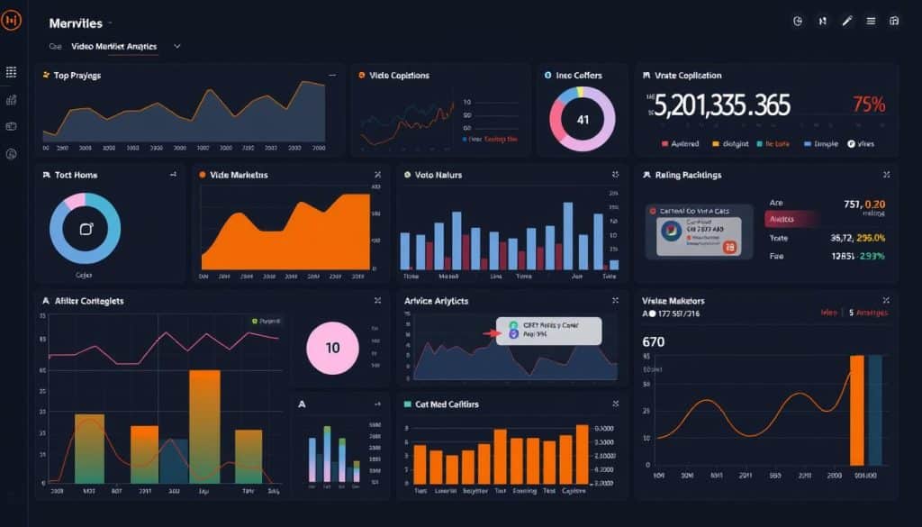Generate an image of a dashboard displaying various video marketing metrics and analytics.