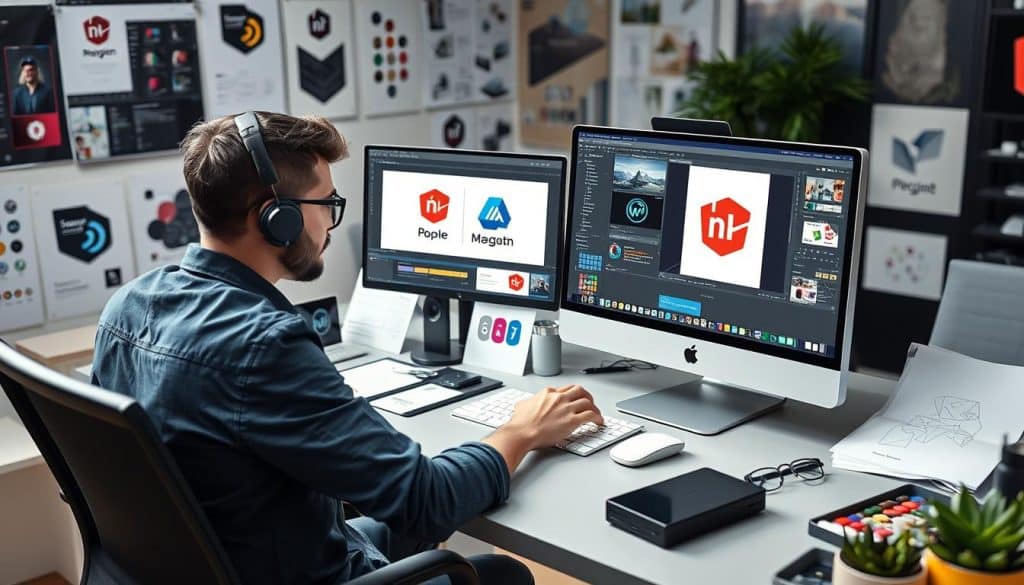 Generate an image of a designer working on a logo design project using various design software on a computer. Generate an image of a designer working on a logo design project using various design software on a computer.