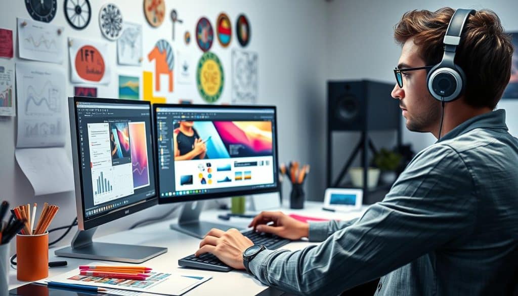 Generate an image of a designer working with Adobe Creative Suite on a computer.