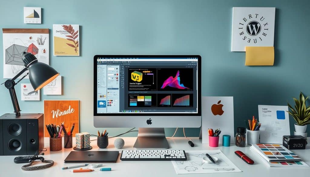 Generate an image of a designer workspace with various design tools and software.