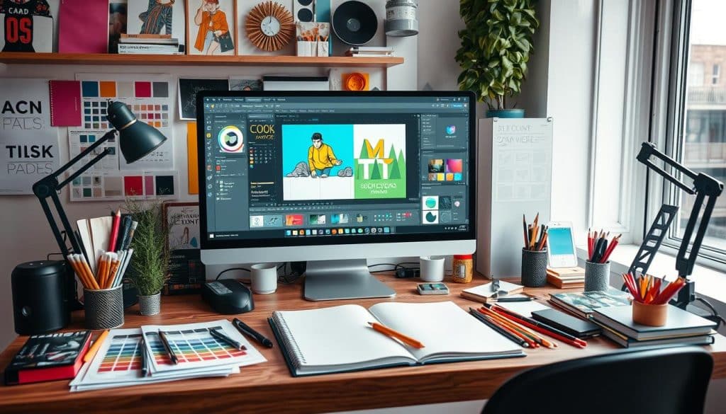 Generate an image of a designer workspace with various design tools and software on the screen.