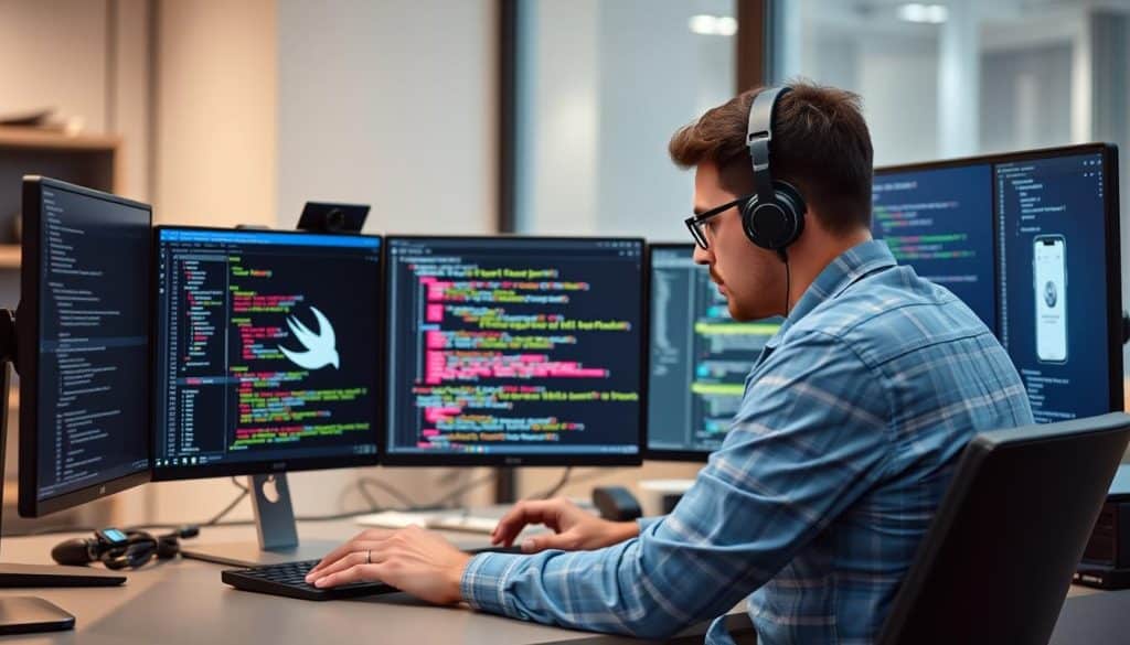 Generate an image of a developer coding in Swift for iOS app development
