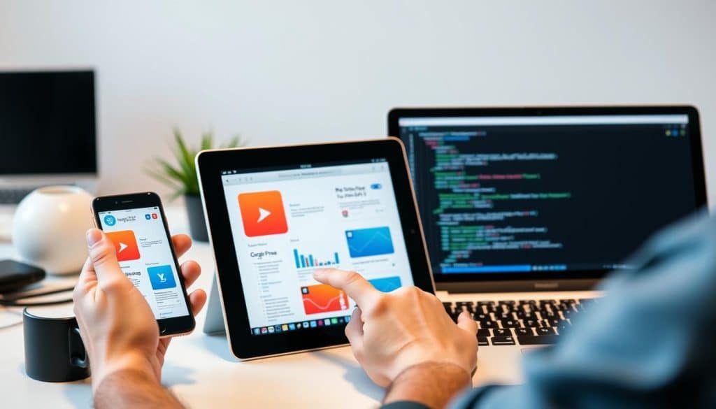Generate an image of a developer testing a web responsive app on multiple devices