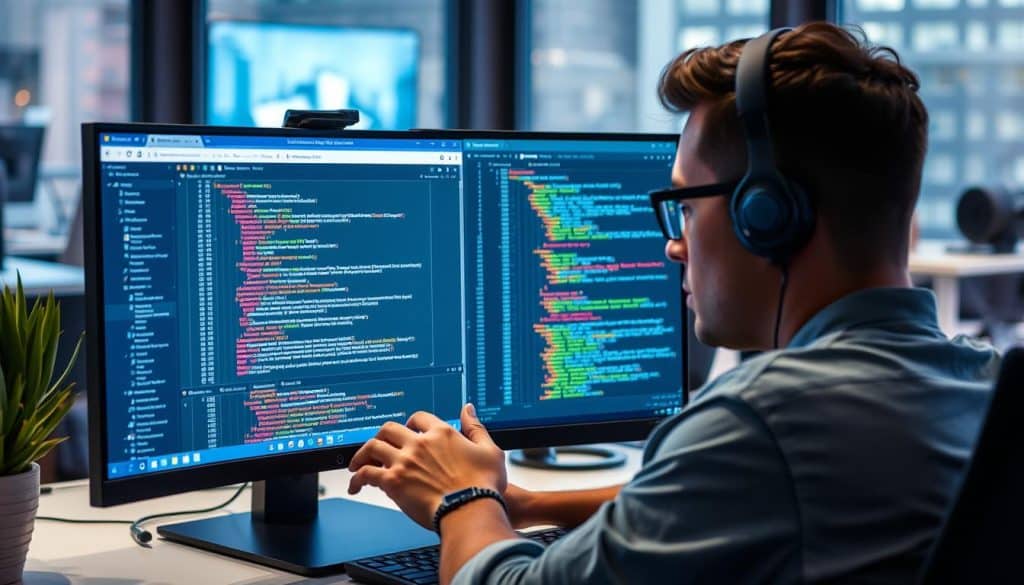 Generate an image of a developer using Chrome DevTools to debug a web application
