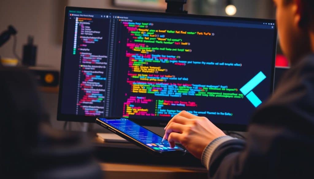 Generate an image of a developer using Flutter to build a cross-platform app, showcasing the hot reload feature in action.