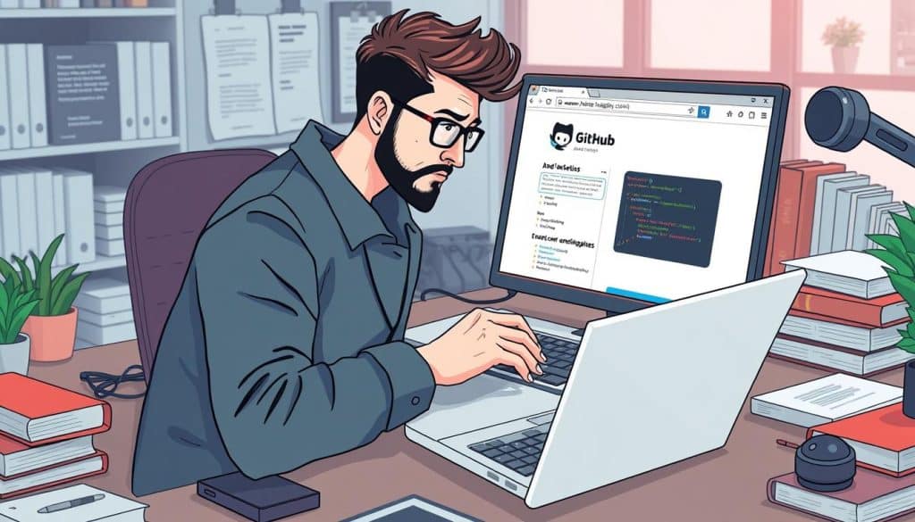Generate an image of a developer using Git and GitHub