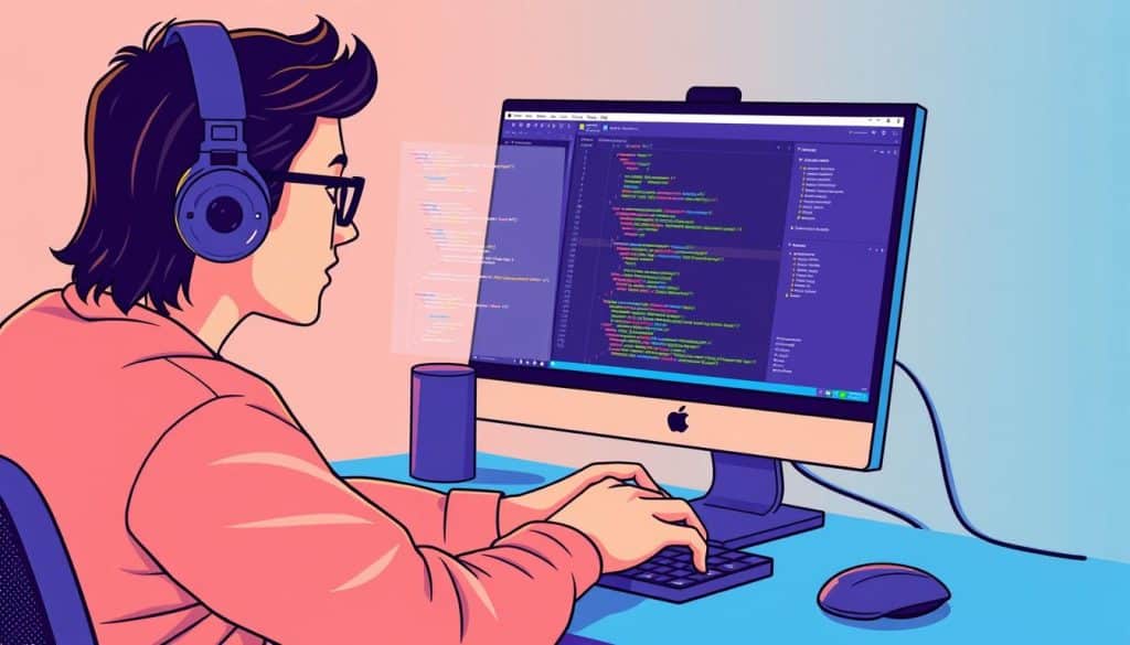 Generate an image of a developer using Visual Studio Code on a computer.