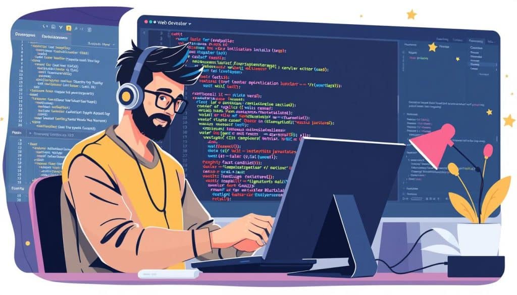 Generate an image of a developer utilizing advanced JavaScript features for web application development.