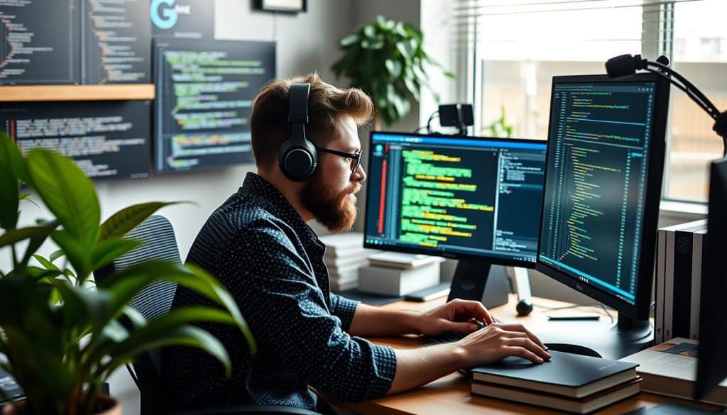 Generate an image of a developer working on a C# project using ASP.NET