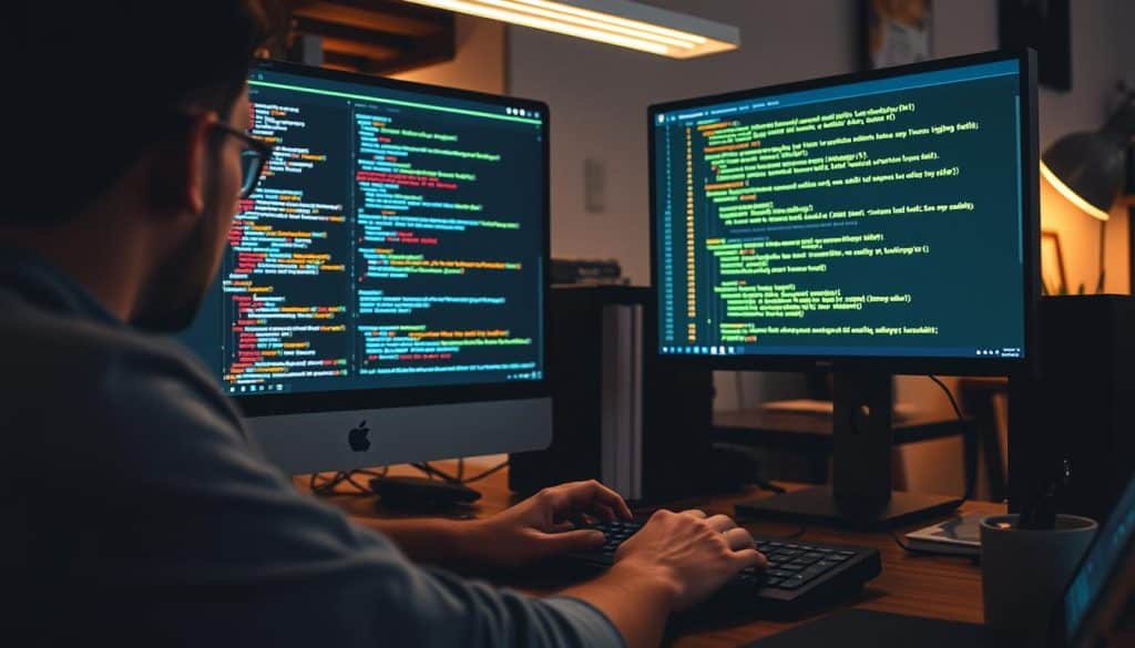 Generate an image of a developer working on a GoLang project, with code on the screen and a productive workspace.