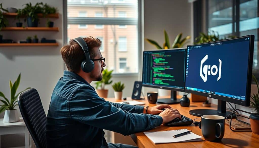 Generate an image of a developer working on a GoLang project, with code snippets and a GoLang logo on the screen.