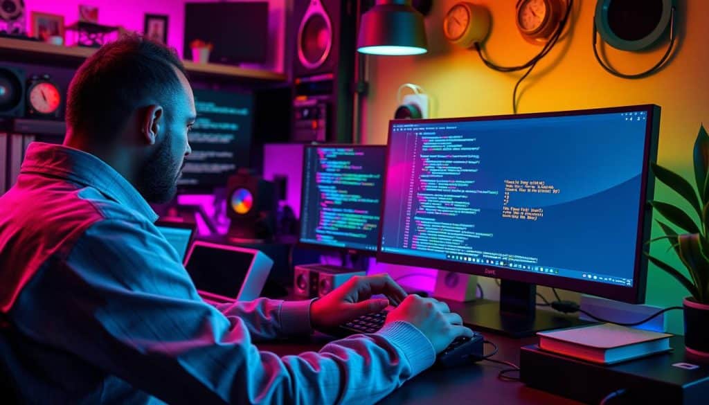 Generate an image of a developer working on a GoLang project, with code snippets and a modern workspace.
