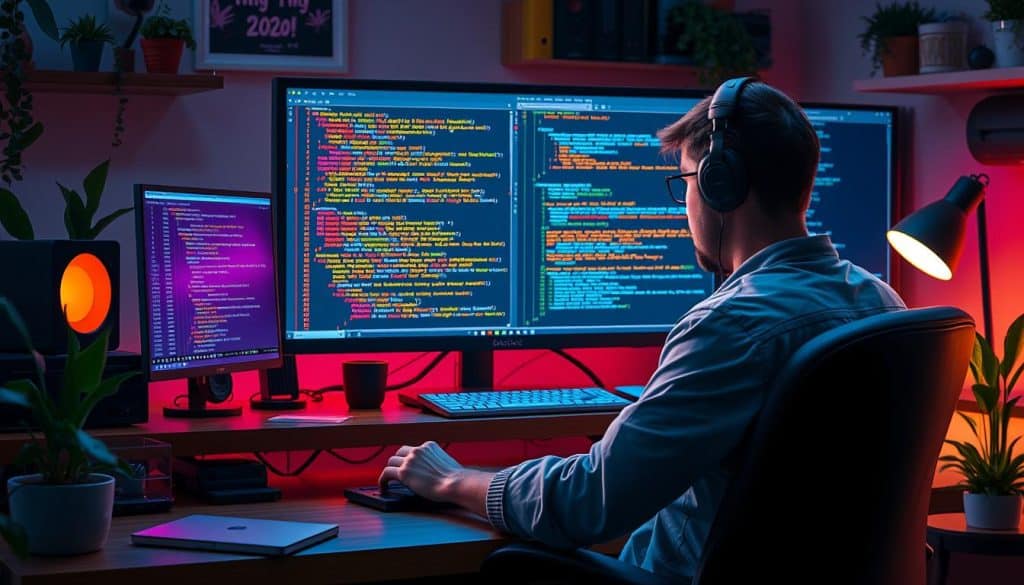 Generate an image of a developer working on a GoLang project, with code snippets and diagrams on the screen.