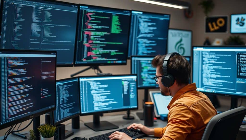 Generate an image of a developer working on a JavaScript project, surrounded by screens displaying code and web application interfaces.