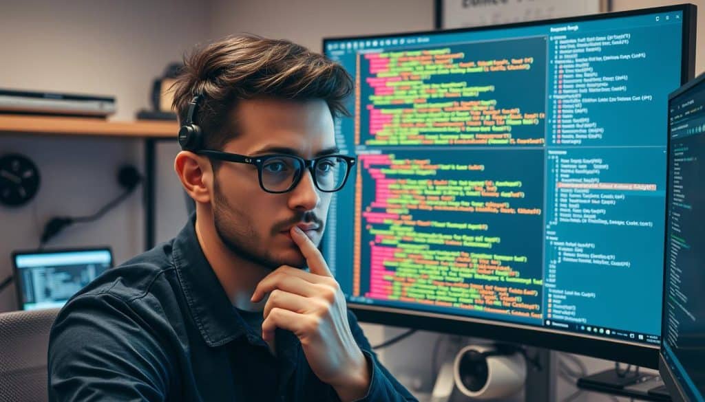 Generate an image of a developer working on a Mojo project, with a Python and C++ code comparison on the screen.