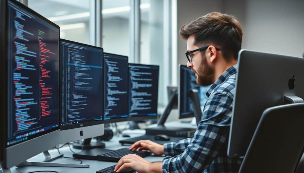 Generate an image of a developer working on a PHP-based web application, surrounded by screens displaying code and website layouts.