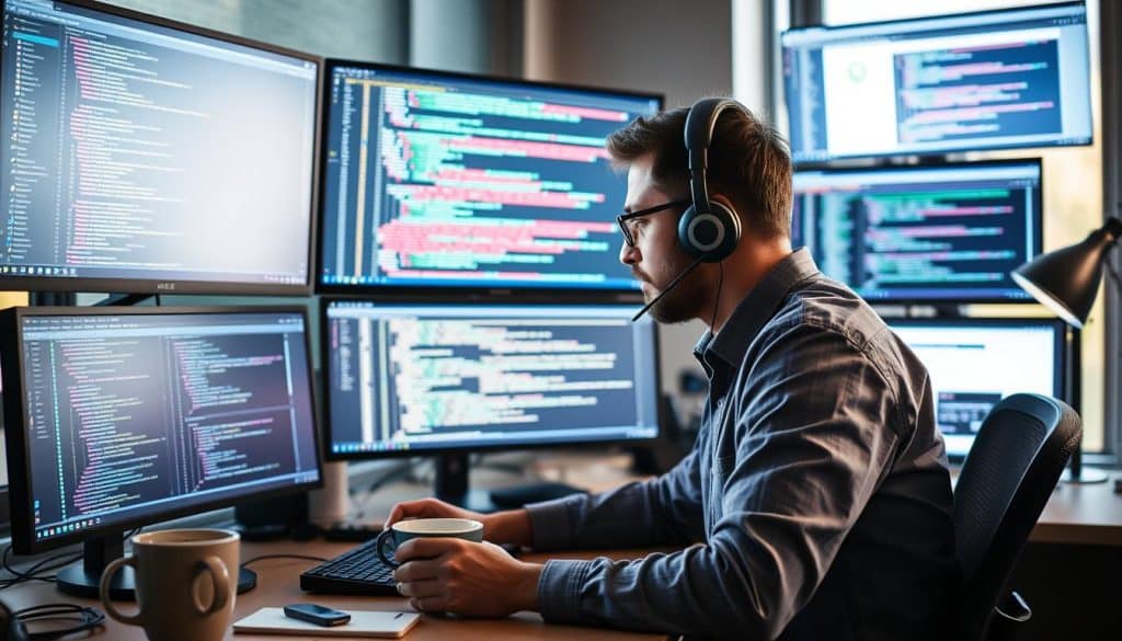 Generate an image of a developer working on a PHP project, surrounded by screens displaying code and dynamic web pages.