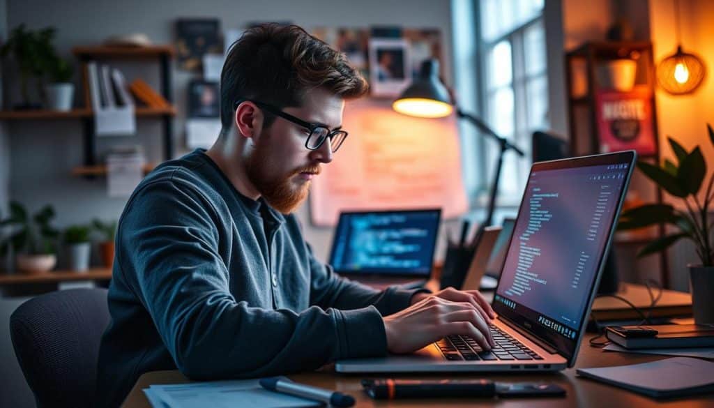 Generate an image of a developer working on a PureScript project on their laptop.