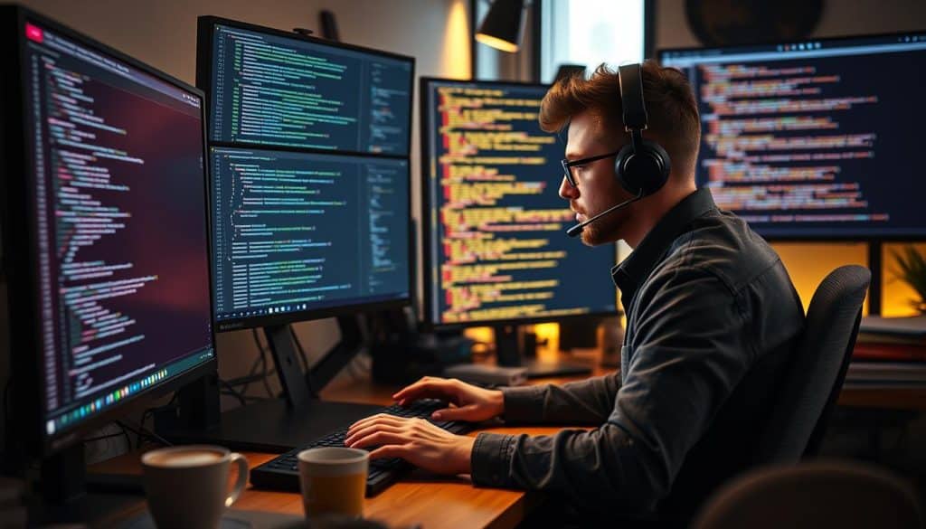 Generate an image of a developer working on a Python web development project.