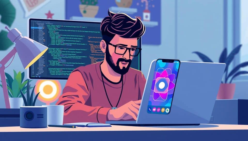 Generate an image of a developer working on a React Native project, with code snippets and a mobile app preview on the screen.
