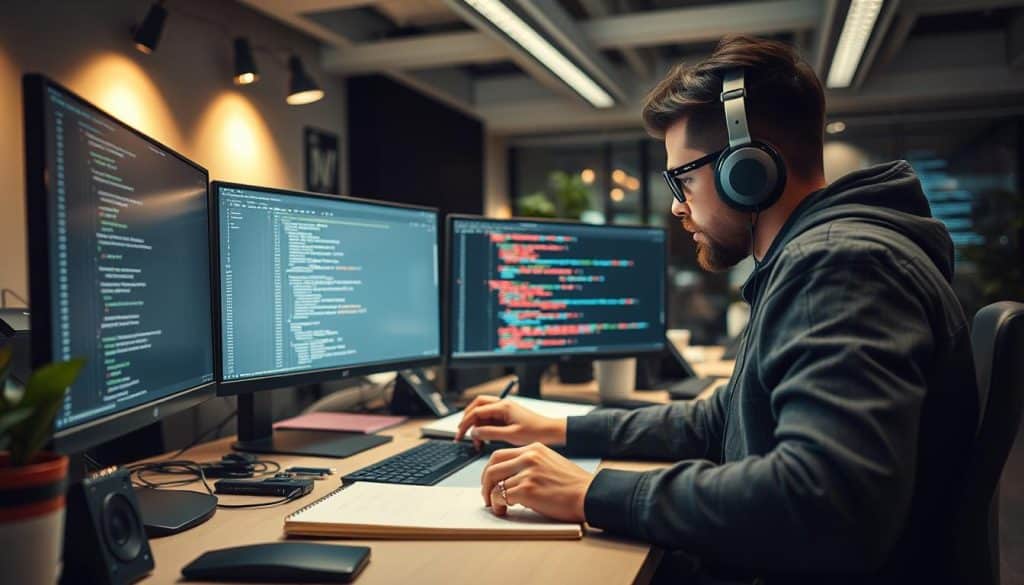 Generate an image of a developer working on a complex web application with TypeScript