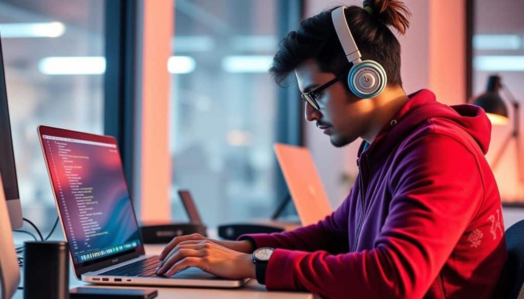 Generate an image of a developer working on a web application using Swift programming language on a MacBook.