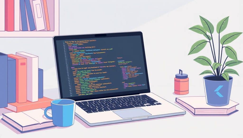Generate an image of a developer's workspace with a laptop displaying Flutter web development code.