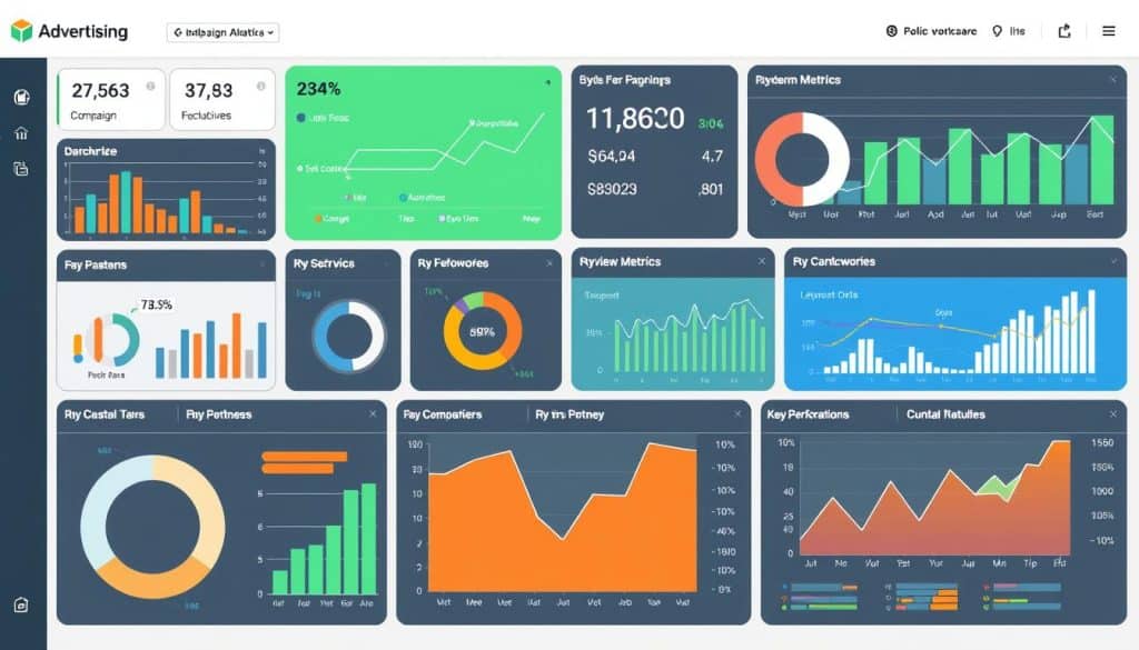 Generate an image of a digital advertising dashboard displaying various campaign metrics and analytics.