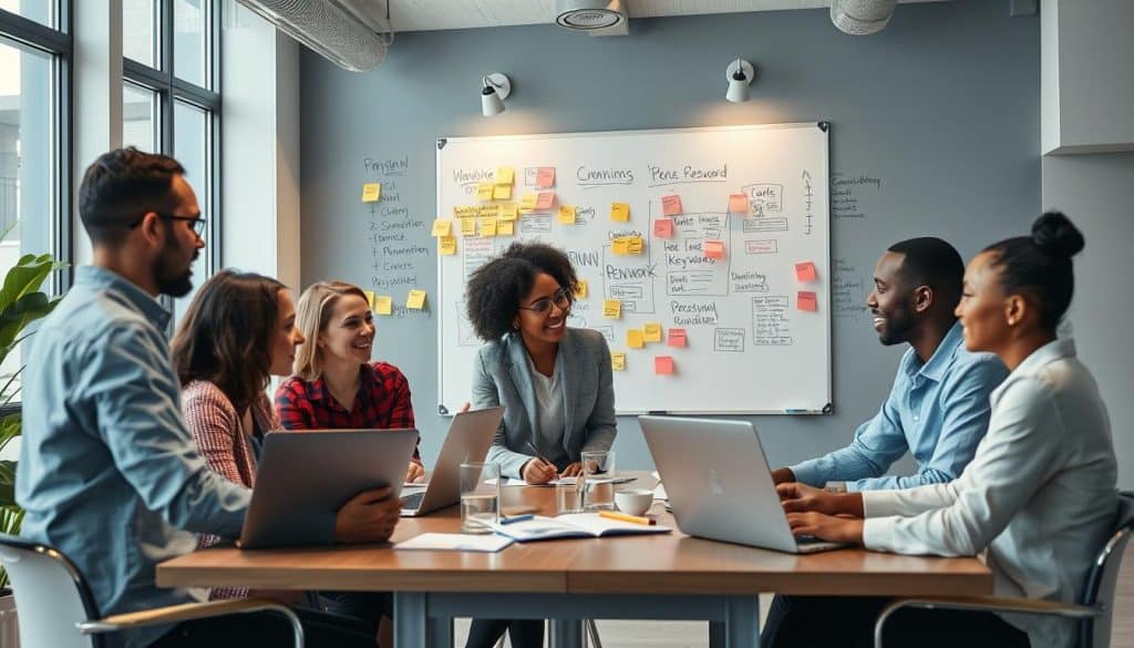 Generate an image of a digital agency team brainstorming keyword research strategies
