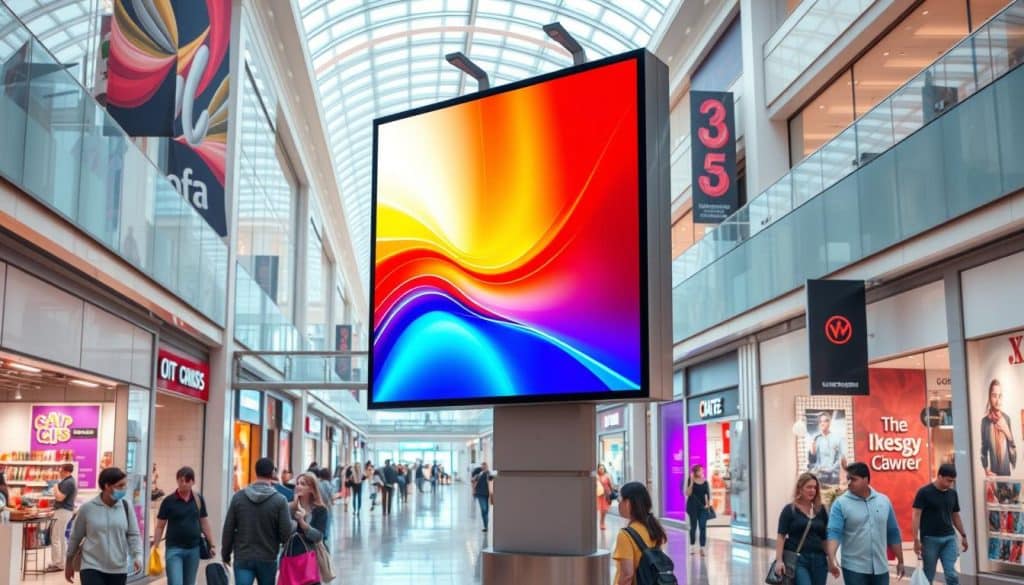 Generate an image of a digital billboard in a busy shopping mall.