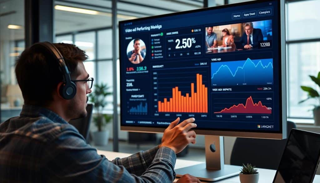 Generate an image of a digital marketer analyzing video ad performance on a large screen display.