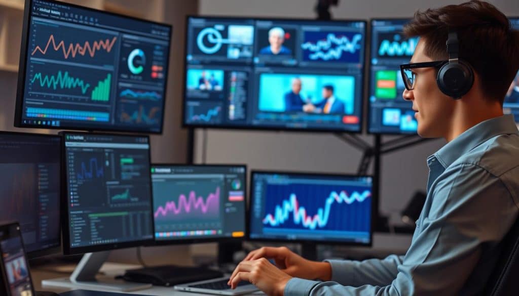 Generate an image of a digital marketer using AI tools to create a video strategy