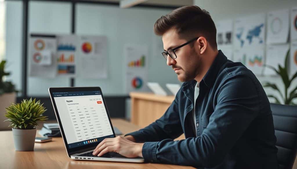 Generate an image of a digital marketer using WordStream's Free Keyword Tool on a laptop