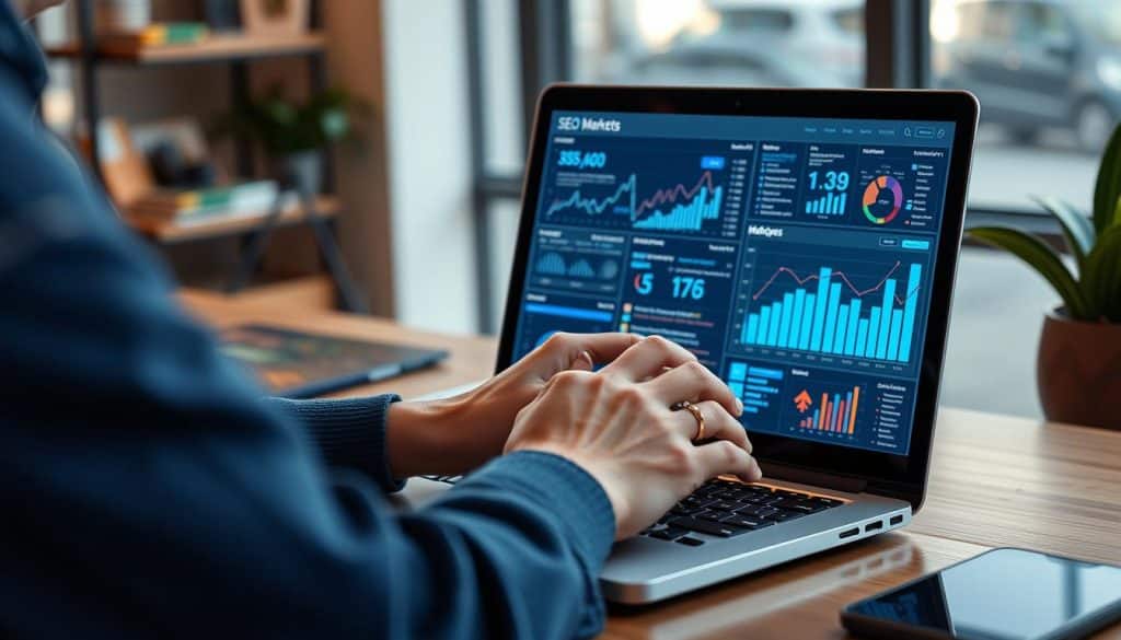 Generate an image of a digital marketer using mobile SEO tools on a laptop