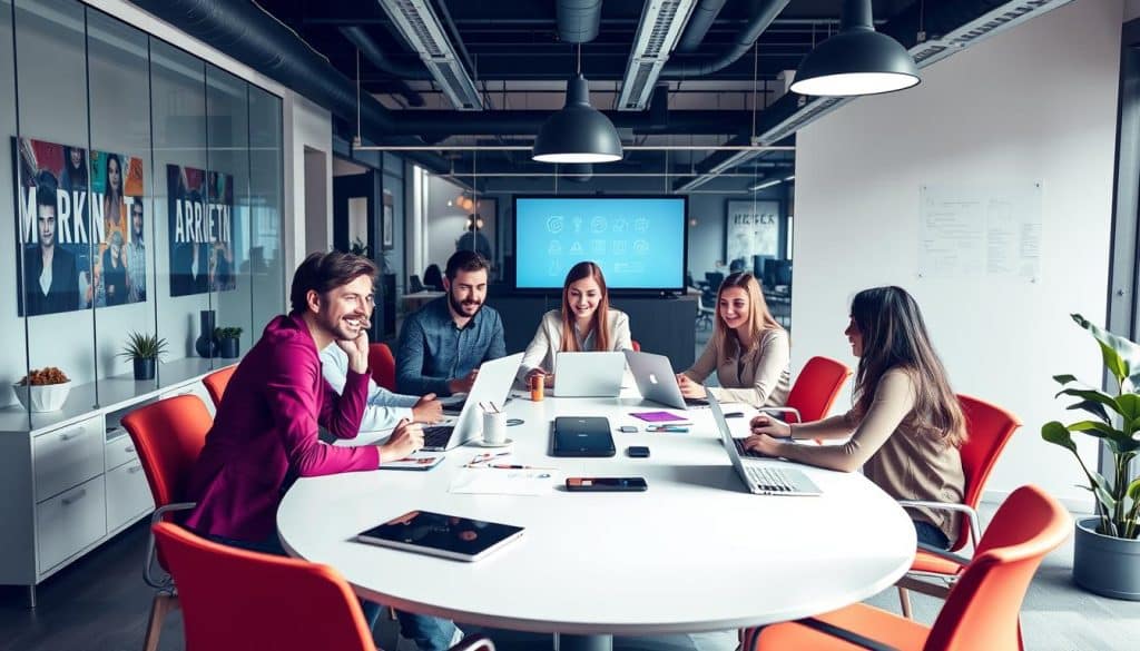 Generate an image of a digital marketing agency's office with a team brainstorming around a table.