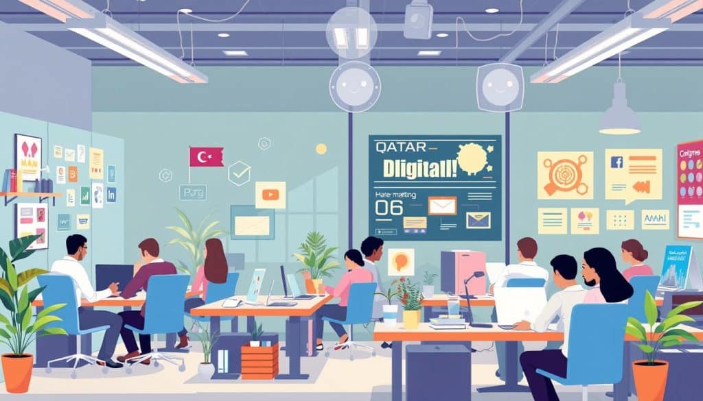 Generate an image of a digital marketing agency's workspace in Qatar, with teams collaborating on social media campaigns and web development projects.