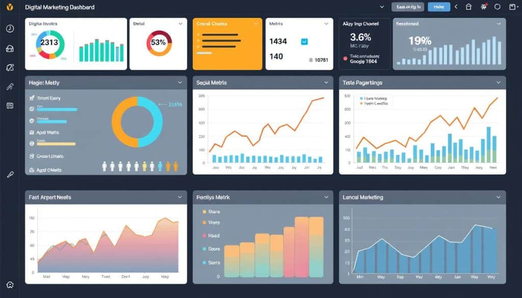 Generate an image of a digital marketing dashboard displaying various metrics and channels.