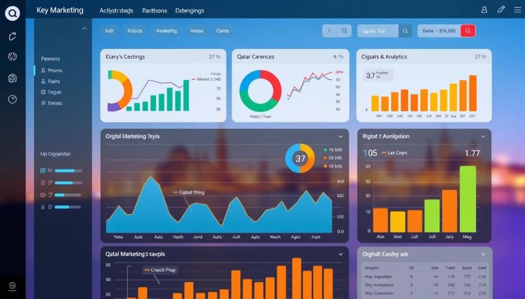 Generate an image of a digital marketing dashboard with key performance indicators (KPIs) for top web marketing companies in Qatar.