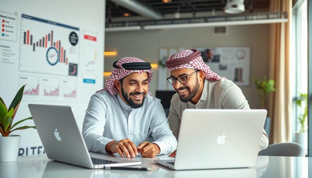 Generate an image of a digital marketing expert working on a campaign in Qatar