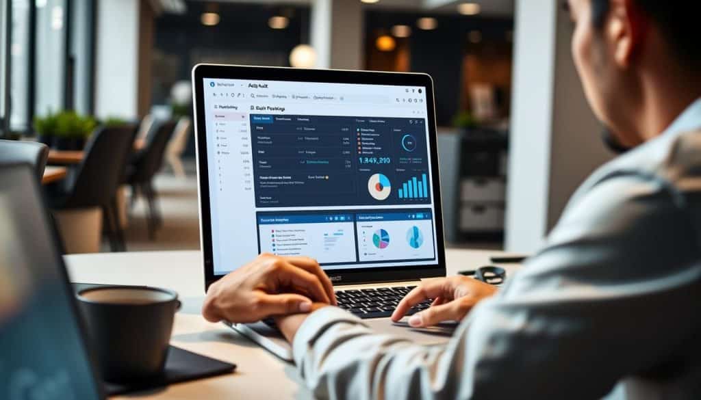 Generate an image of a digital marketing professional using a laptop with SEO audit tools on the screen. Generate an image of a digital marketing professional using a laptop with SEO audit tools on the screen.