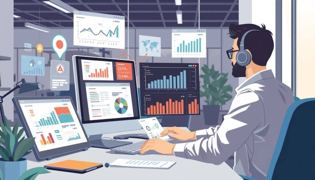 Generate an image of a digital marketing strategist working with various tools and technologies on their computer.