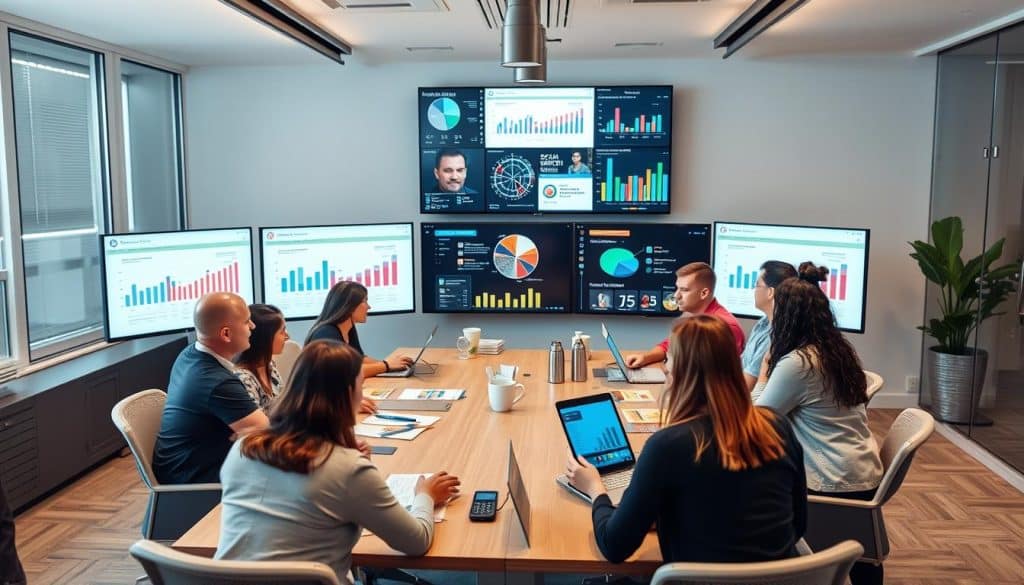Generate an image of a digital marketing team brainstorming around a table with screens displaying social media analytics.