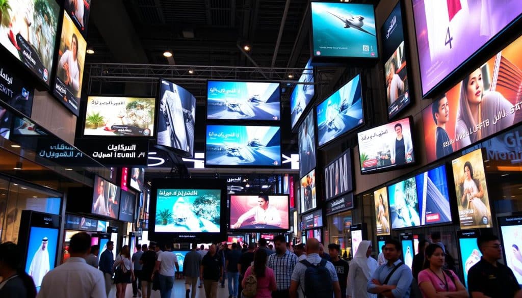 Generate an image of a digital signage network in Qatar, showcasing various screens in high-traffic areas. Generate an image of a digital signage network in Qatar, showcasing various screens in high-traffic areas.