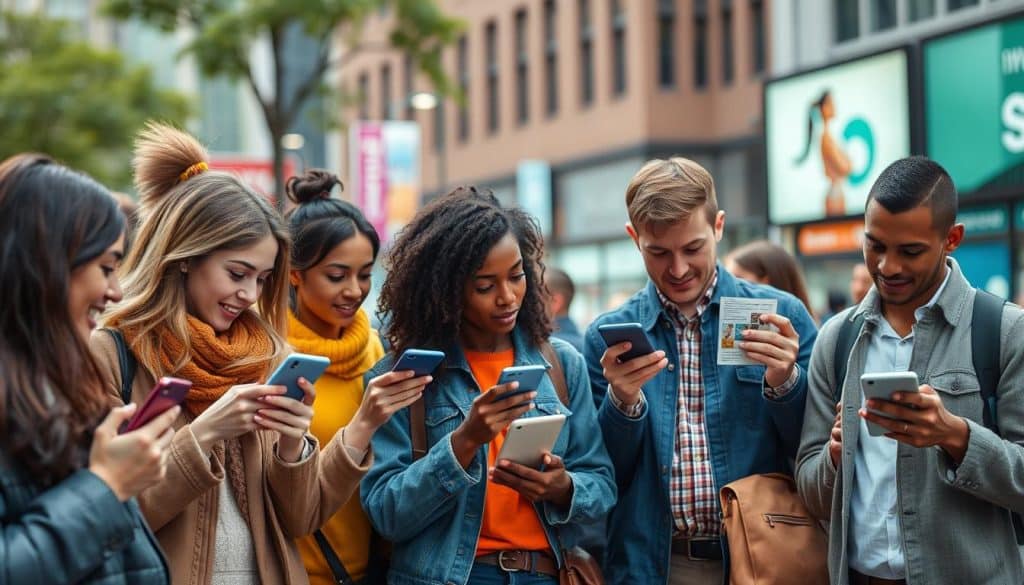 Generate an image of a diverse group of people engaging with display ads on various devices.