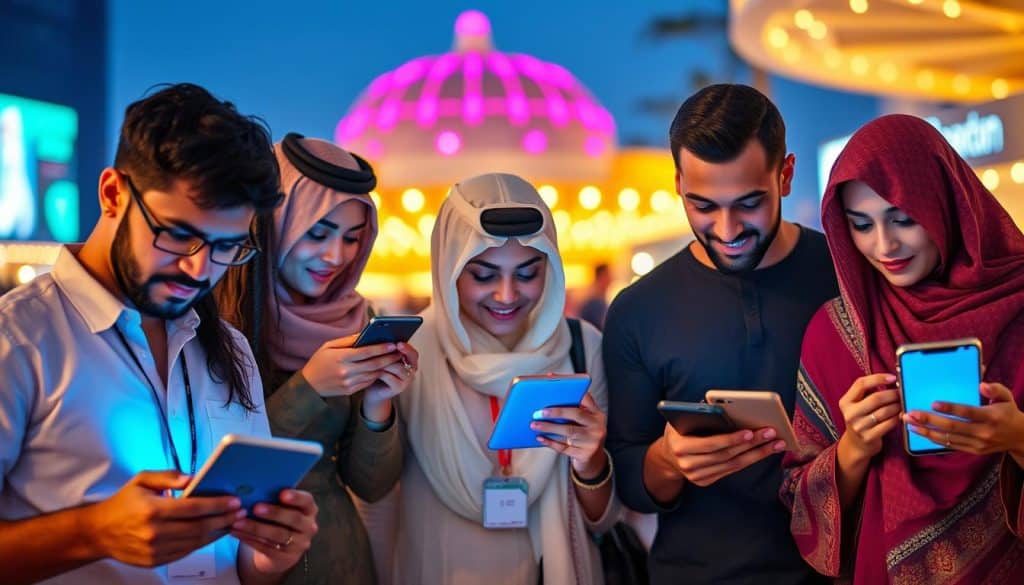 Generate an image of a diverse group of people using social media on their devices in a Qatari setting.