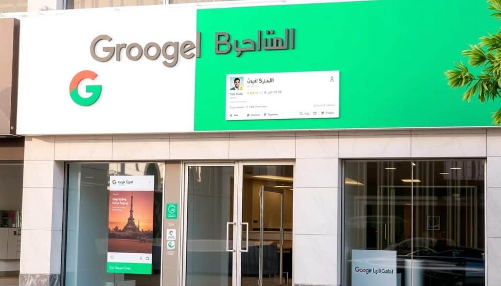 Generate an image of a financial institution's branch in Qatar with a prominent Google Business Profile listing.