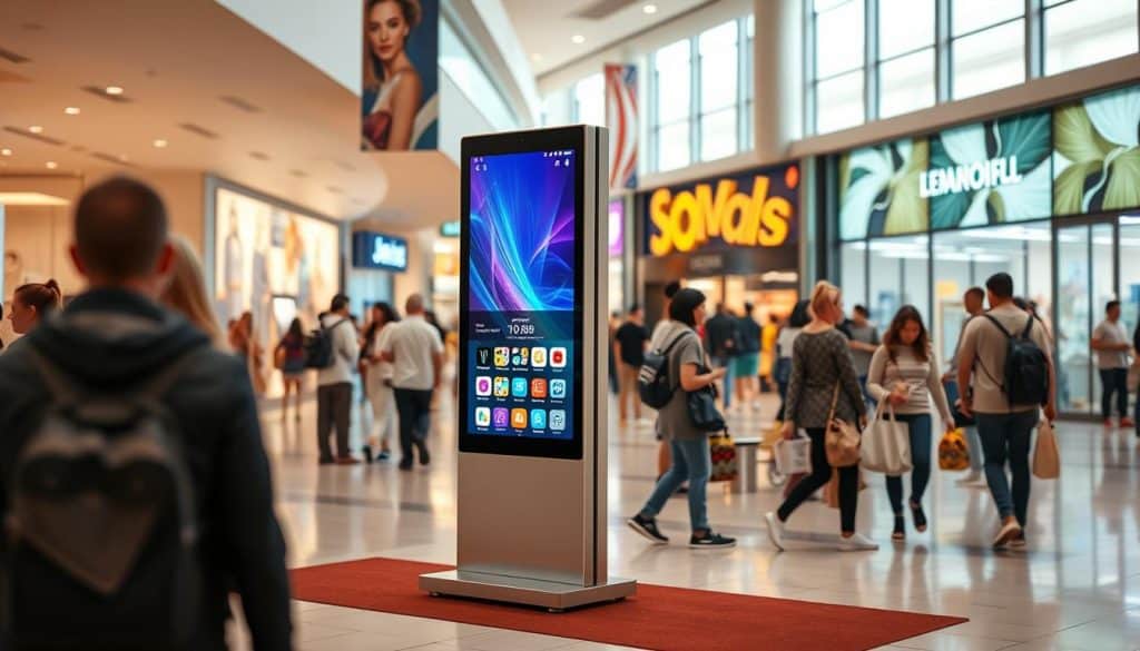 Generate an image of a freestanding digital signage kiosk in a busy shopping mall.