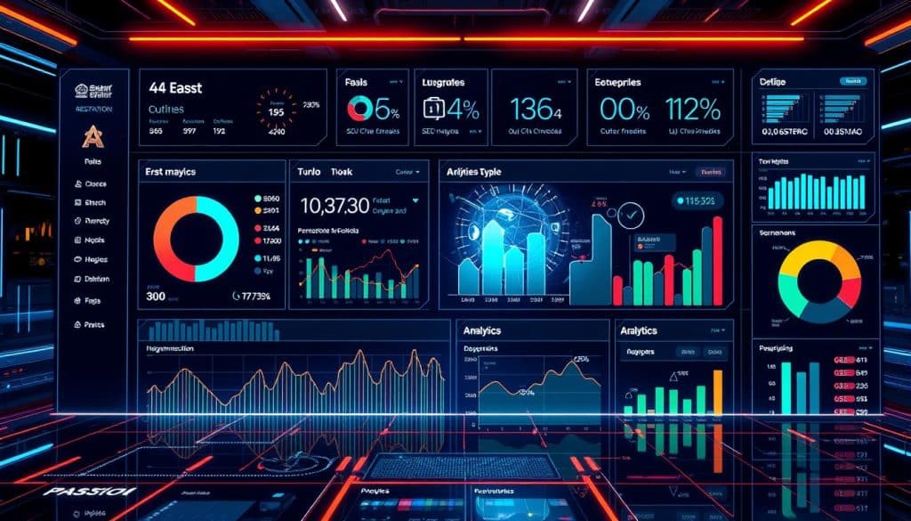 Generate an image of a futuristic SEO dashboard with AI-driven insights and analytics.