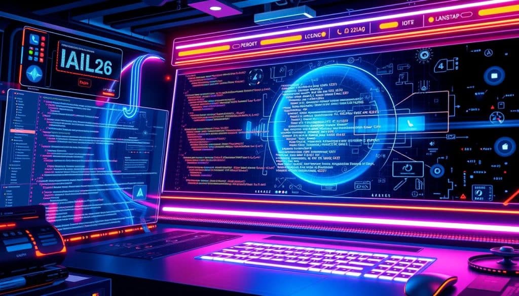 Generate an image of a futuristic website design interface with various coding elements and innovative technologies.