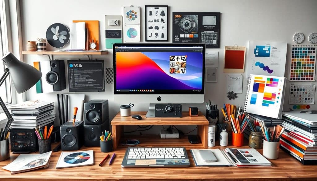 Generate an image of a graphic designer's workspace with various software and tools